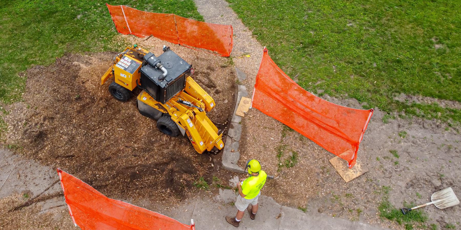 A tracked stump grinder working a ground-level stump behind orange shield panels while a groundman in a hi-vis vest watches from the sidewalk.